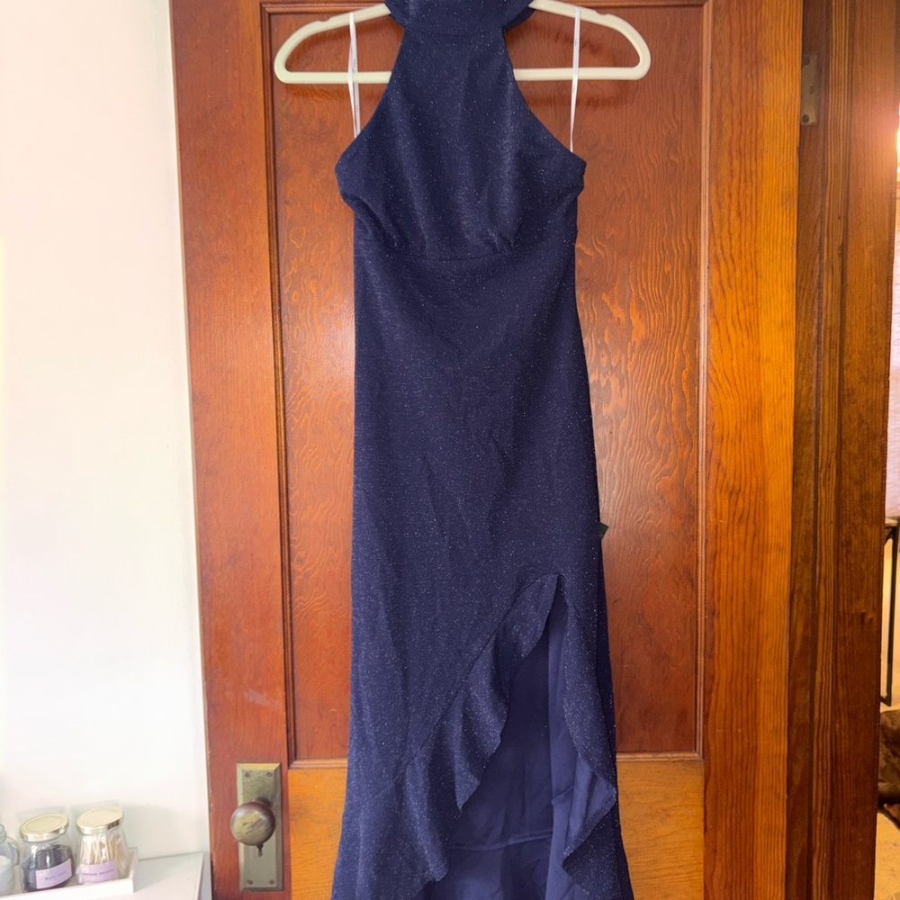 Lulu's Navy Glitter Halter High-Low Evening Dress